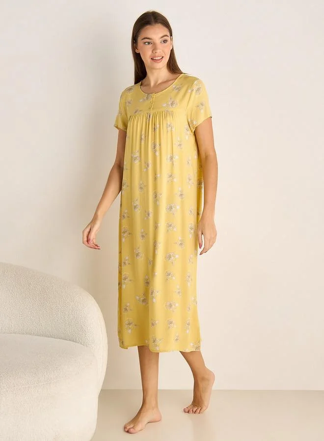 Splash FAV Midi Night Dress Short Sleeves Floral Print Viscose